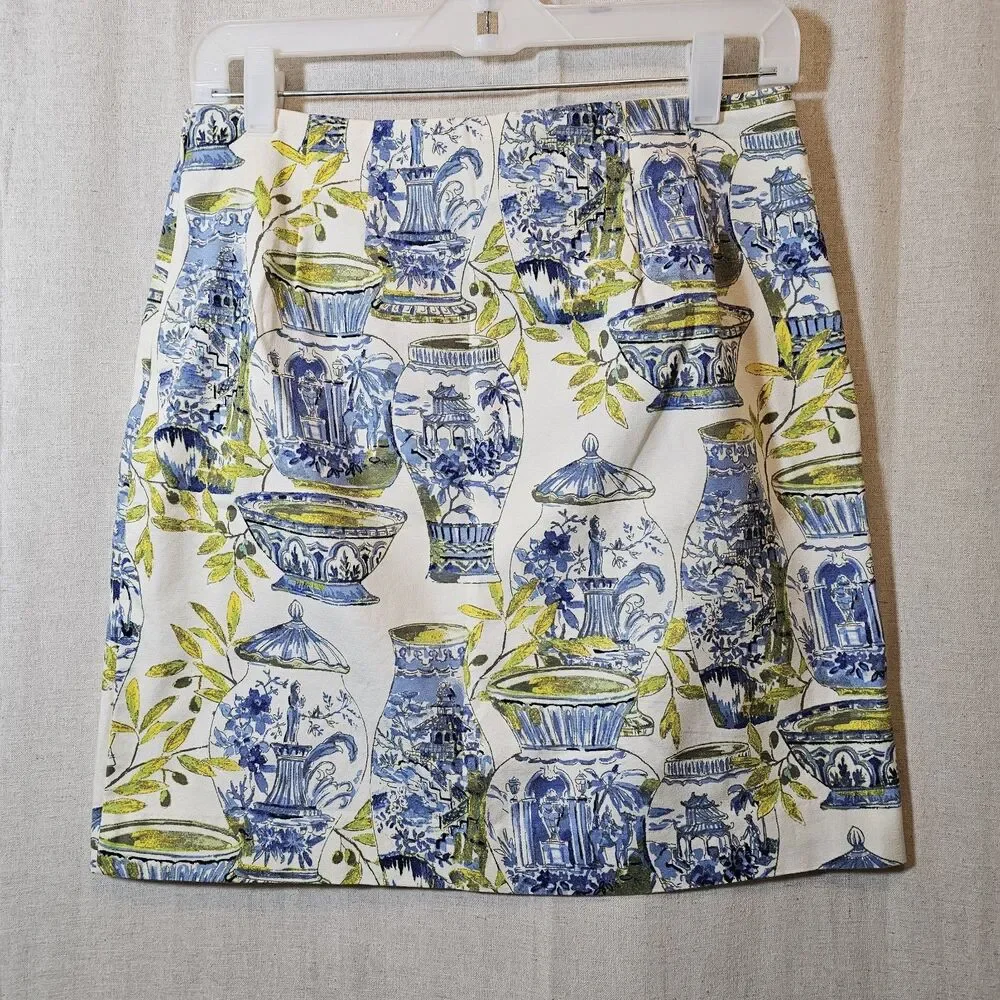 Talbots Mini Skirt Watercolor Chinoiserie Blue White Green Lined Women's Size 4 - Picture 6 of 9